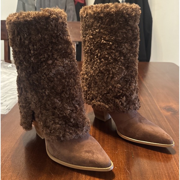 NWOB HICLOTSA Women's Brown Faux‑Fur Shaft Block Heel Boots Size‎ 7.5 - Picture 2 of 6